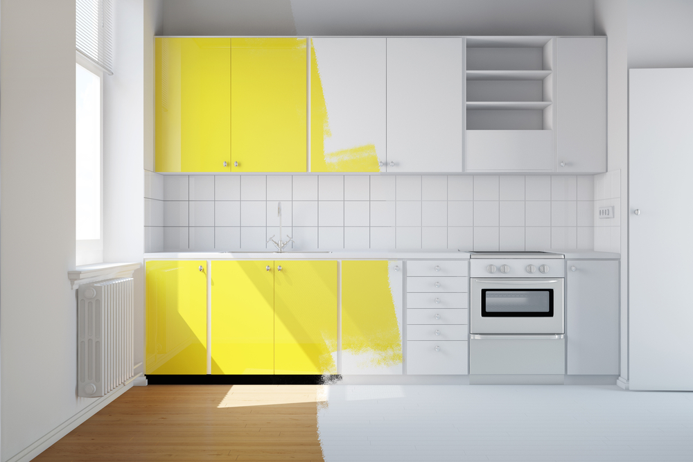 how to add character to a kitchen, half painted yellow kitchen.