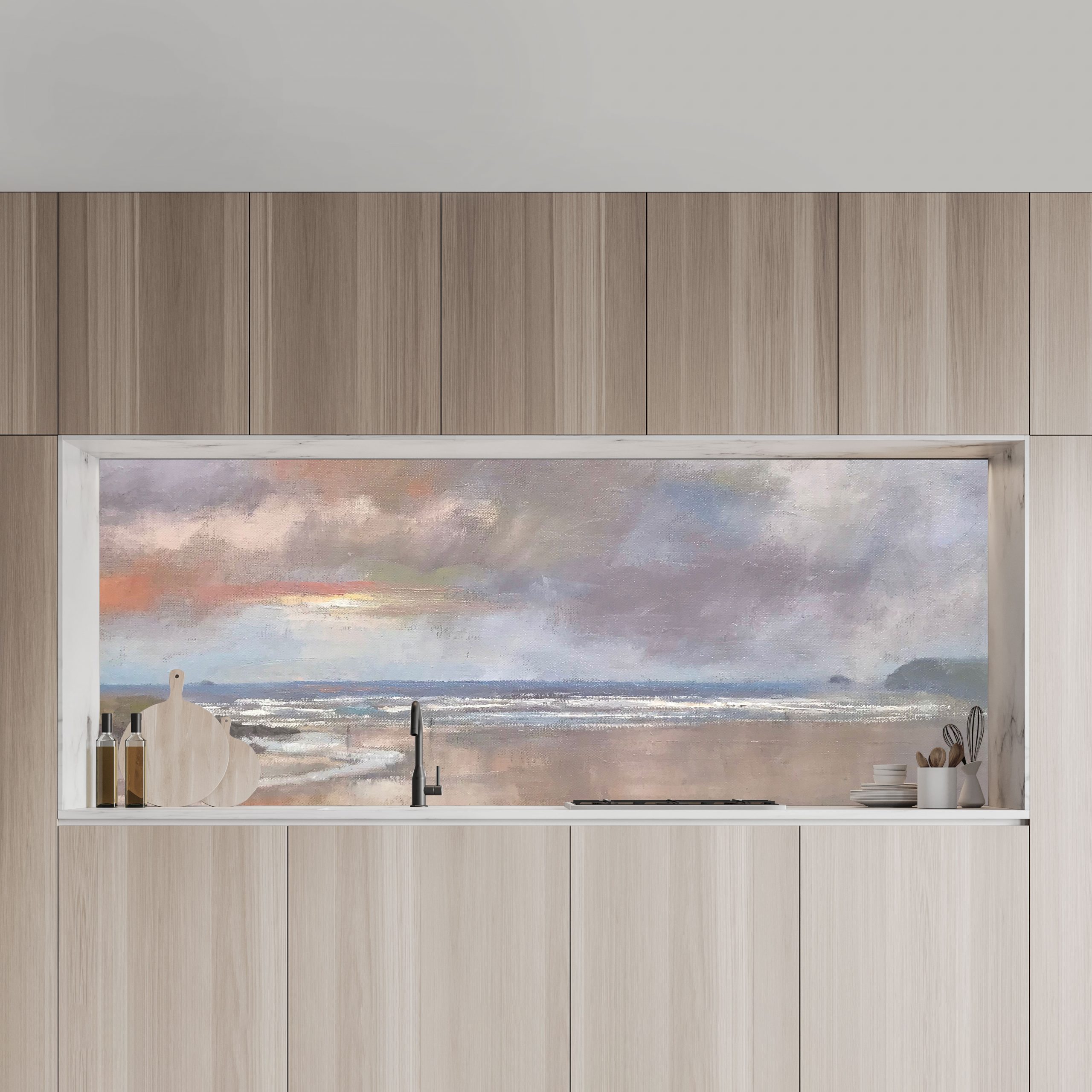 Soft scenic beach splashback and a soft wood kitchen.