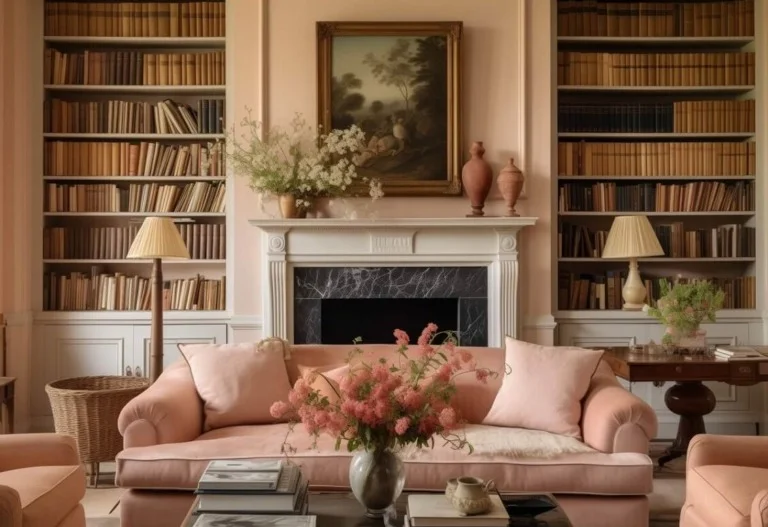 classic-living-room-peach-walls-bookshelves-pantone-color-of-the-year-2024-nordroom-1130x1500