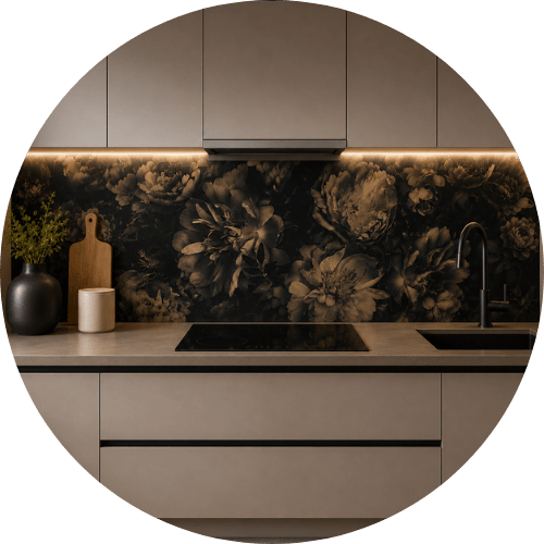 Luxury floral acrylic splashback in a contemporary kitchen featuring a high-gloss printed finish, warm LED lighting, matte handleless cabinetry, and elegant neutral interior styling.