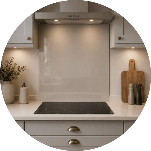 Neutral gloss glass splashback behind a modern induction hob in a contemporary kitchen featuring soft beige cabinetry, warm LED lighting, and minimalist luxury styling.