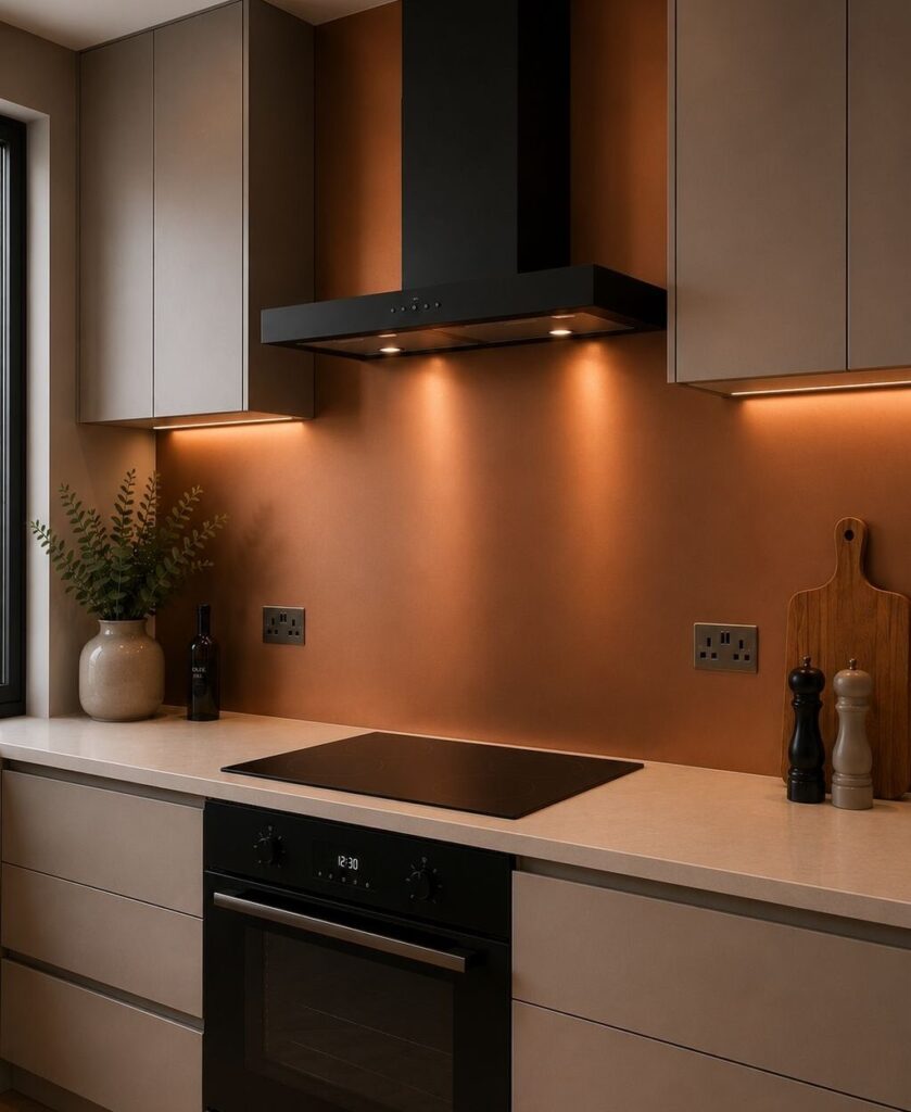 Brushed copper aluminium splashback in a contemporary kitchen featuring warm metallic tones, matte handleless cabinetry, black extractor hood, and soft ambient under-cabinet lighting.